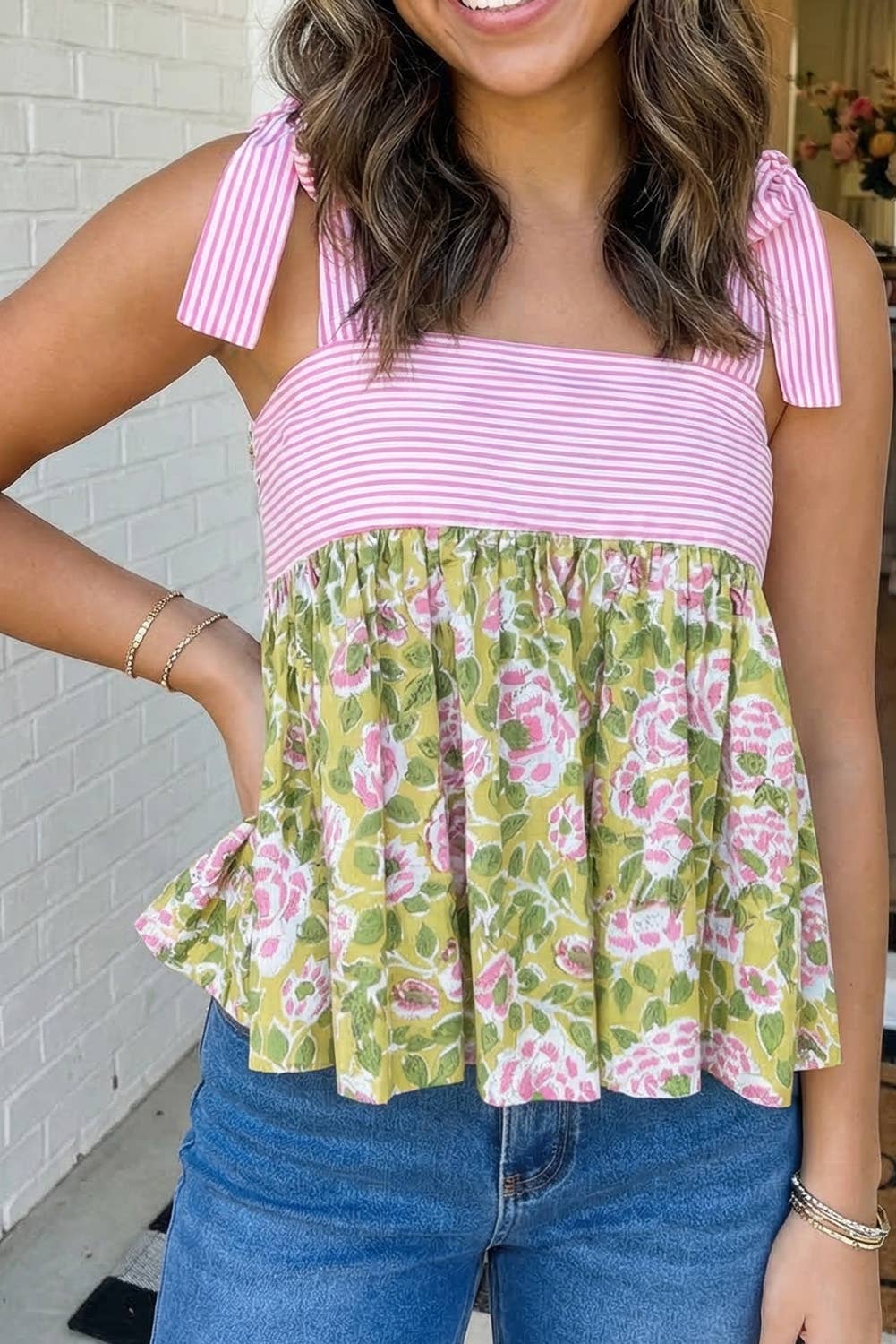 LAS Floral Printed Knot Straps Babydoll Tank Top (S-XL)
