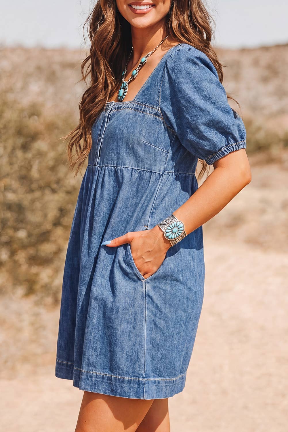 Button Square Neck Short Puff Sleeve Denim Mini Dress
