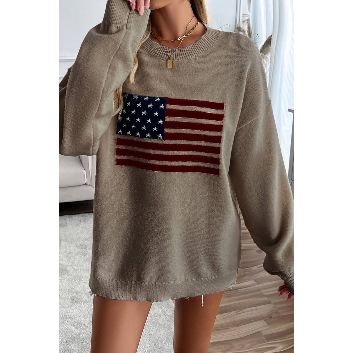 WHITE M - Knit Round Neck Flag Print Loose Fit Sweater