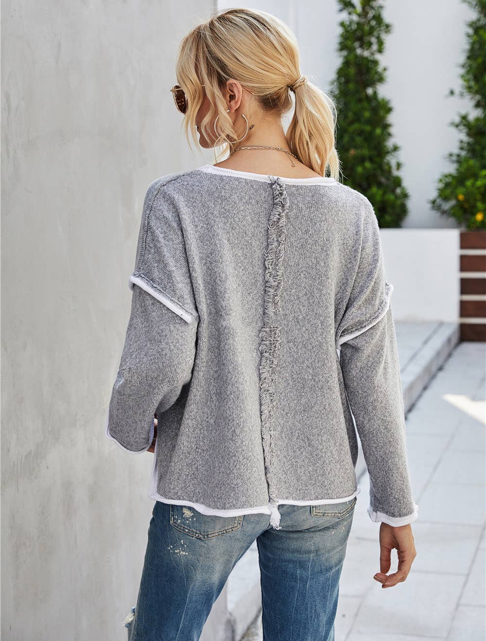 L / CWOSWL1043_Casual Crew Neck Pullover Long Sleeve Sweater: KHAKI /