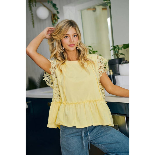 SOLID JERSEY TIERED TOP WITH LACE SLEEVE
