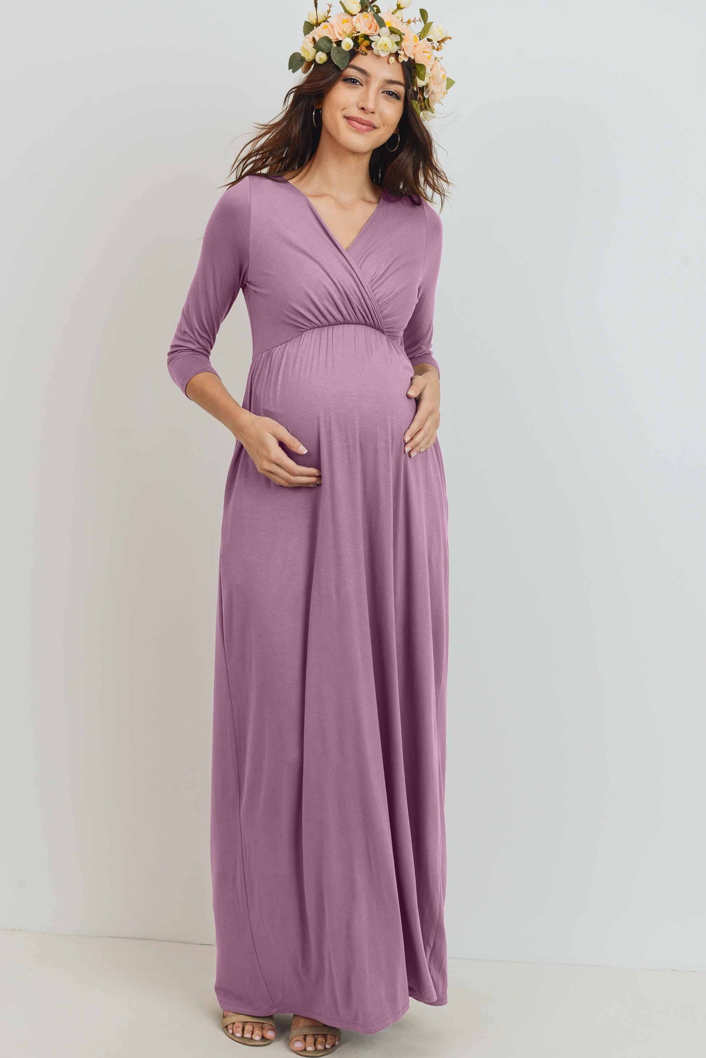 Navy / XL: Surplice Quarter Sleeve Nursing Maxi Dress