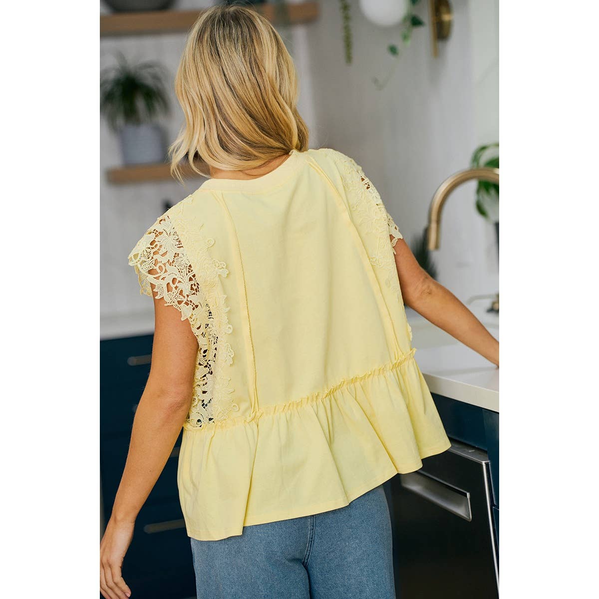 SOLID JERSEY TIERED TOP WITH LACE SLEEVE