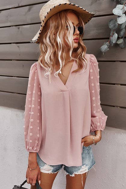 Solid V Neck Lantern Sleeve Swiss Dot Shirt: PINK / M