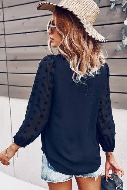 Solid V Neck Lantern Sleeve Swiss Dot Shirt: NAVY / M