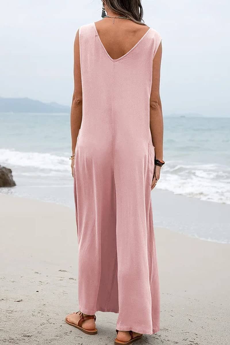 (XL) CWSJS1433_SOLID COLOR LOOSE POCKET SLEEVELESS JUMPSUIT: BLACK / (XL) 1