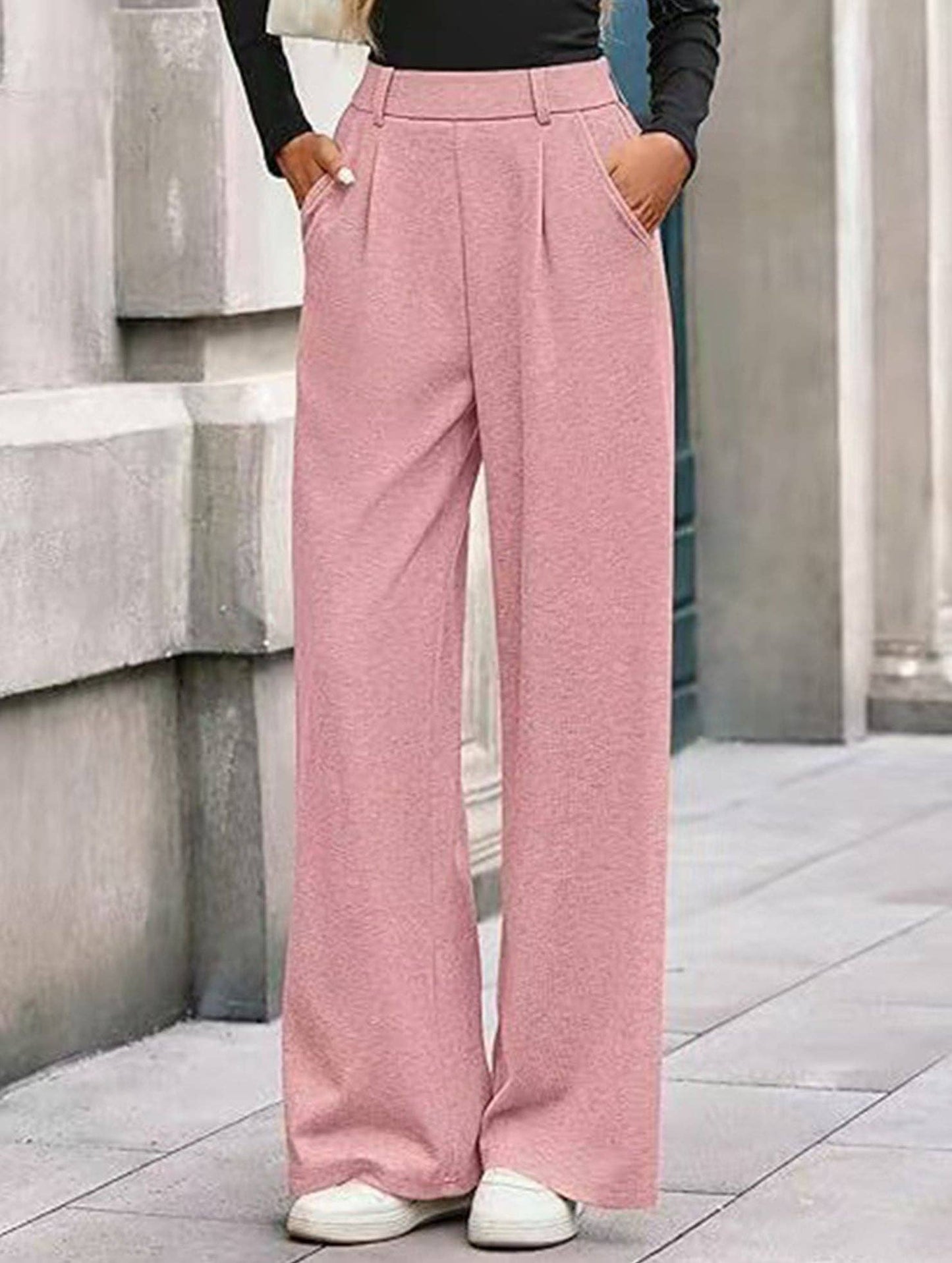 (XL) Versatile solid color straight wide-leg pants: CAMEL / (XL) 1