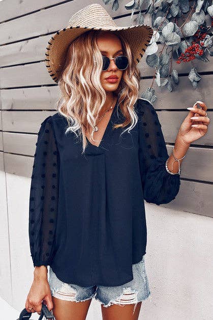 Solid V Neck Lantern Sleeve Swiss Dot Shirt: WHITE / L