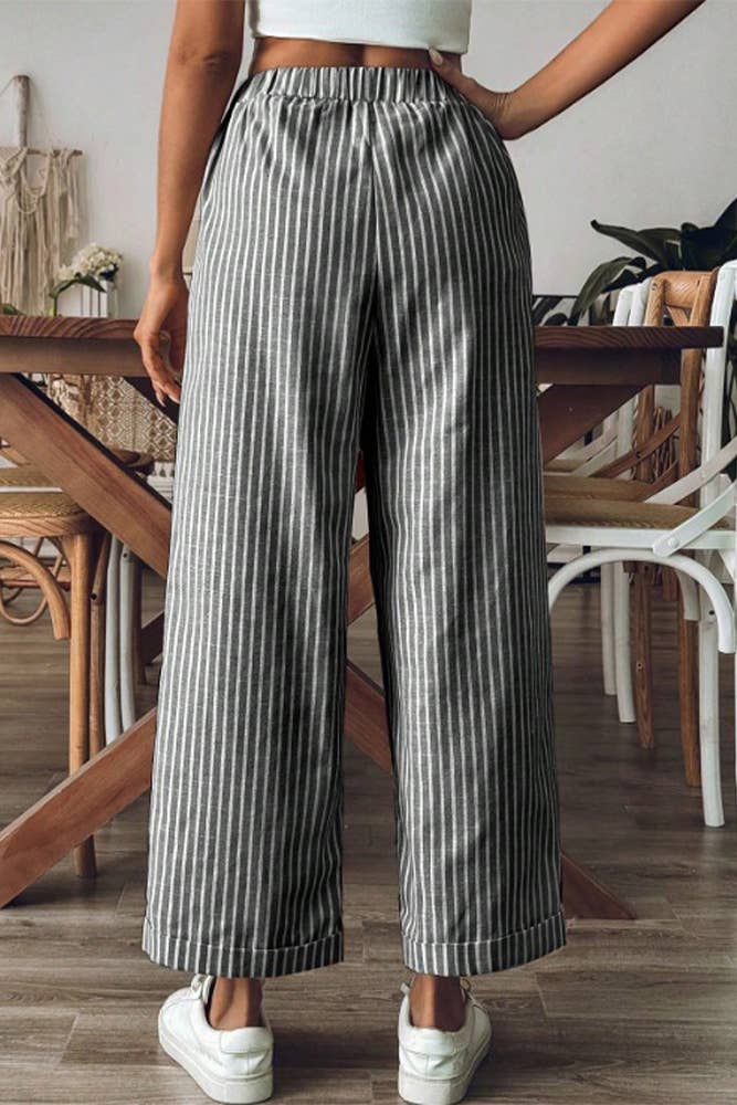 (L) Stripes Wide Leg Cropped Pants ZK2163: Black / L