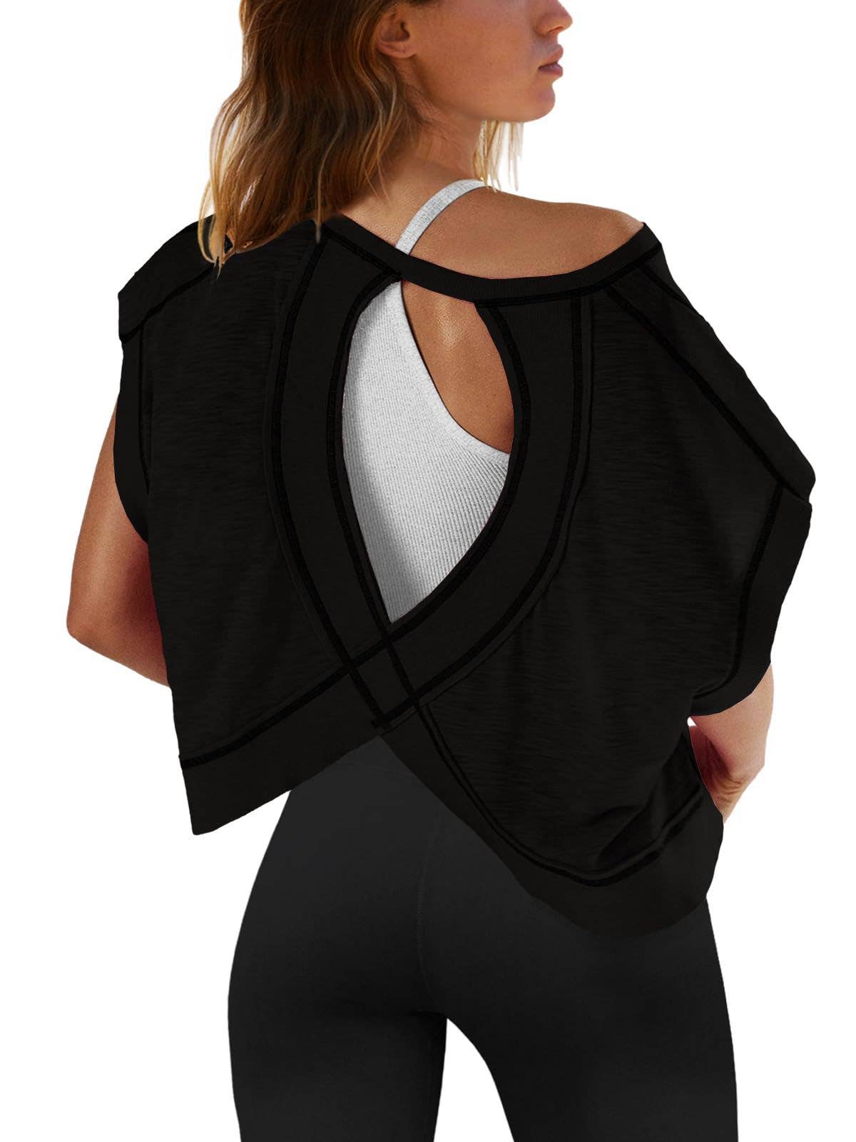 Pink / S - Slouchy wrapped cutout back short sleeve workout tee top