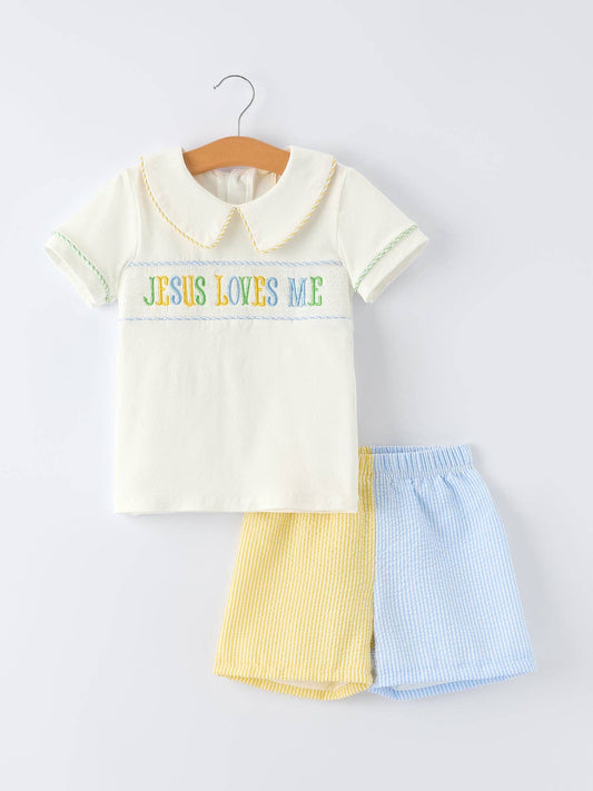 "Jesus Loves Me "Embroidered Toddler Boys'Set: 2