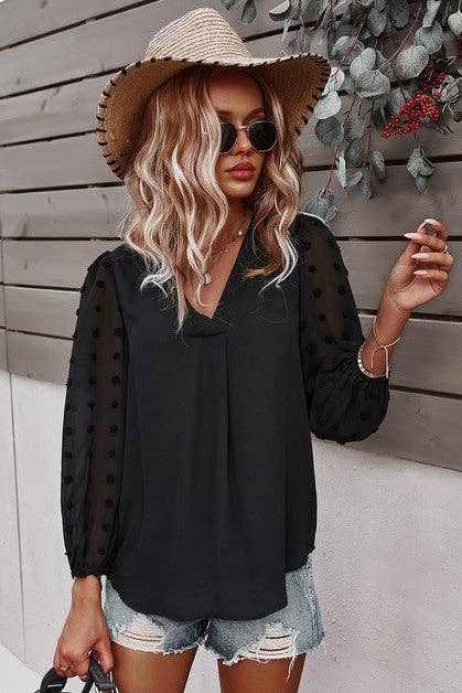 Solid V Neck Lantern Sleeve Swiss Dot Shirt: WHITE / M