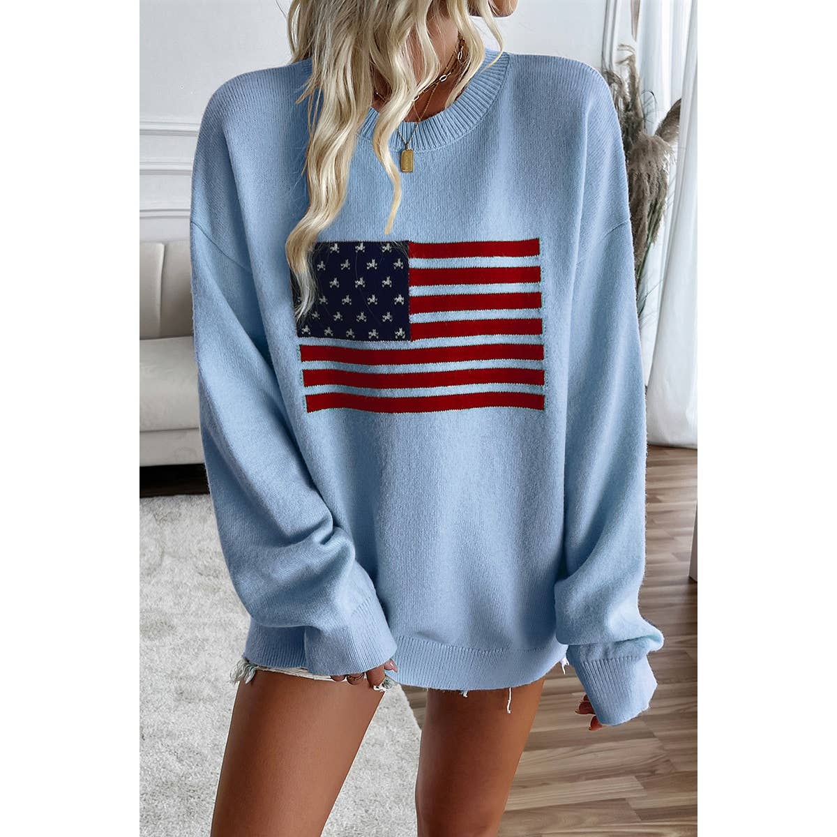 WHITE S - Knit Round Neck Flag Print Loose Fit Sweater