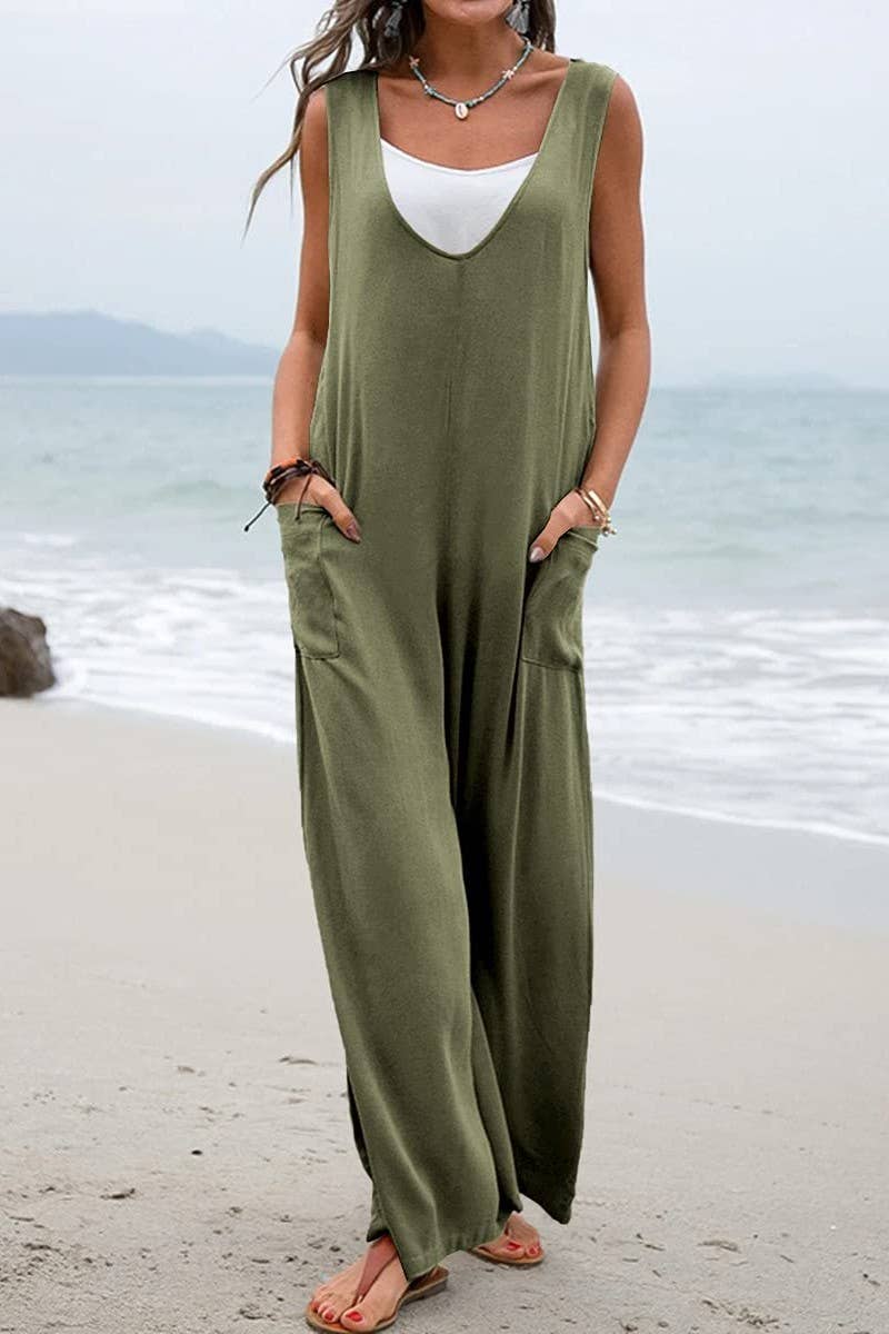 2XL / CWSJS1433_SOLID COLOR LOOSE POCKET SLEEVELESS JUMPSUIT: KHAKI / (2XL) 1