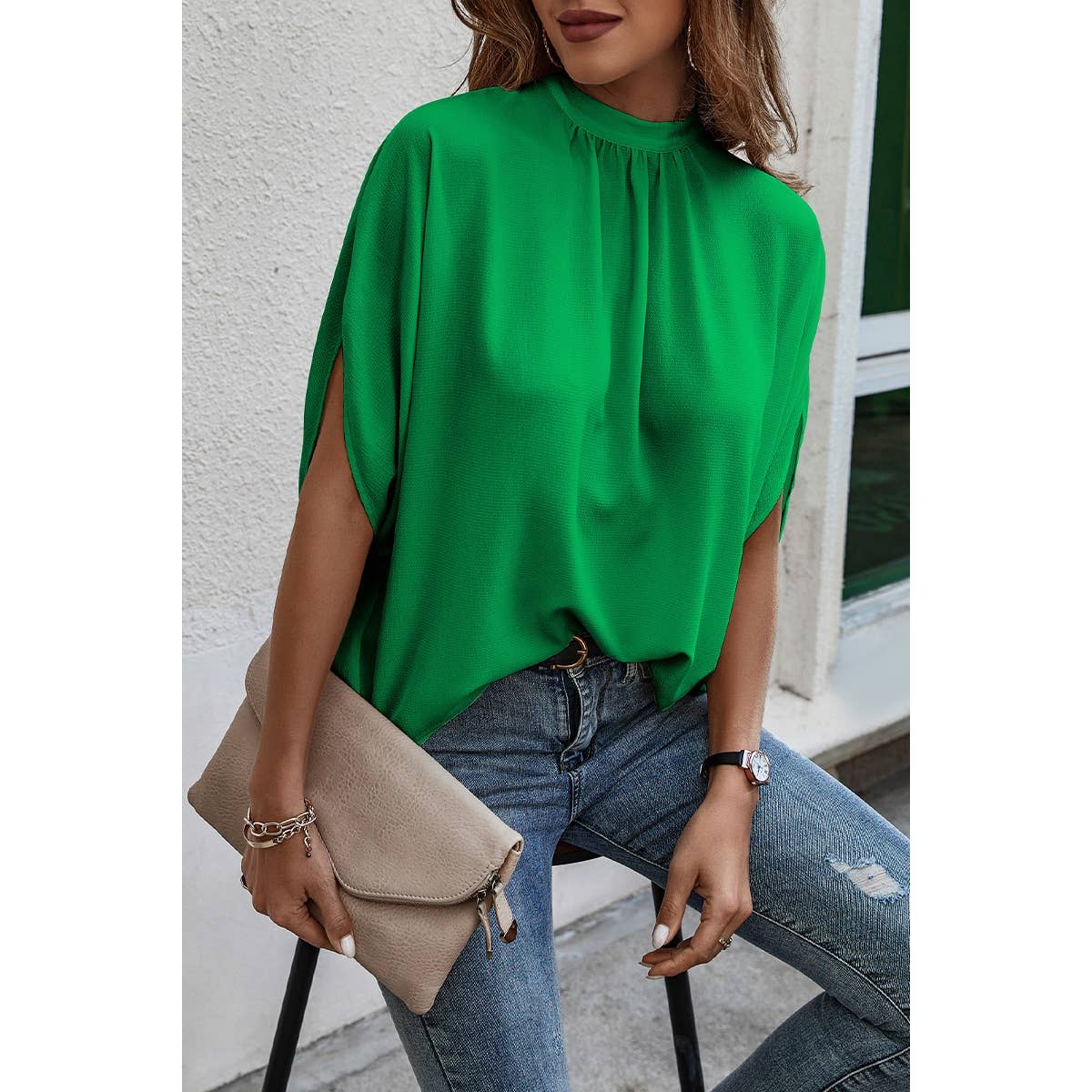 Solid Cape Short Sleeve Loose Top: GREEN LEOPARD / XL