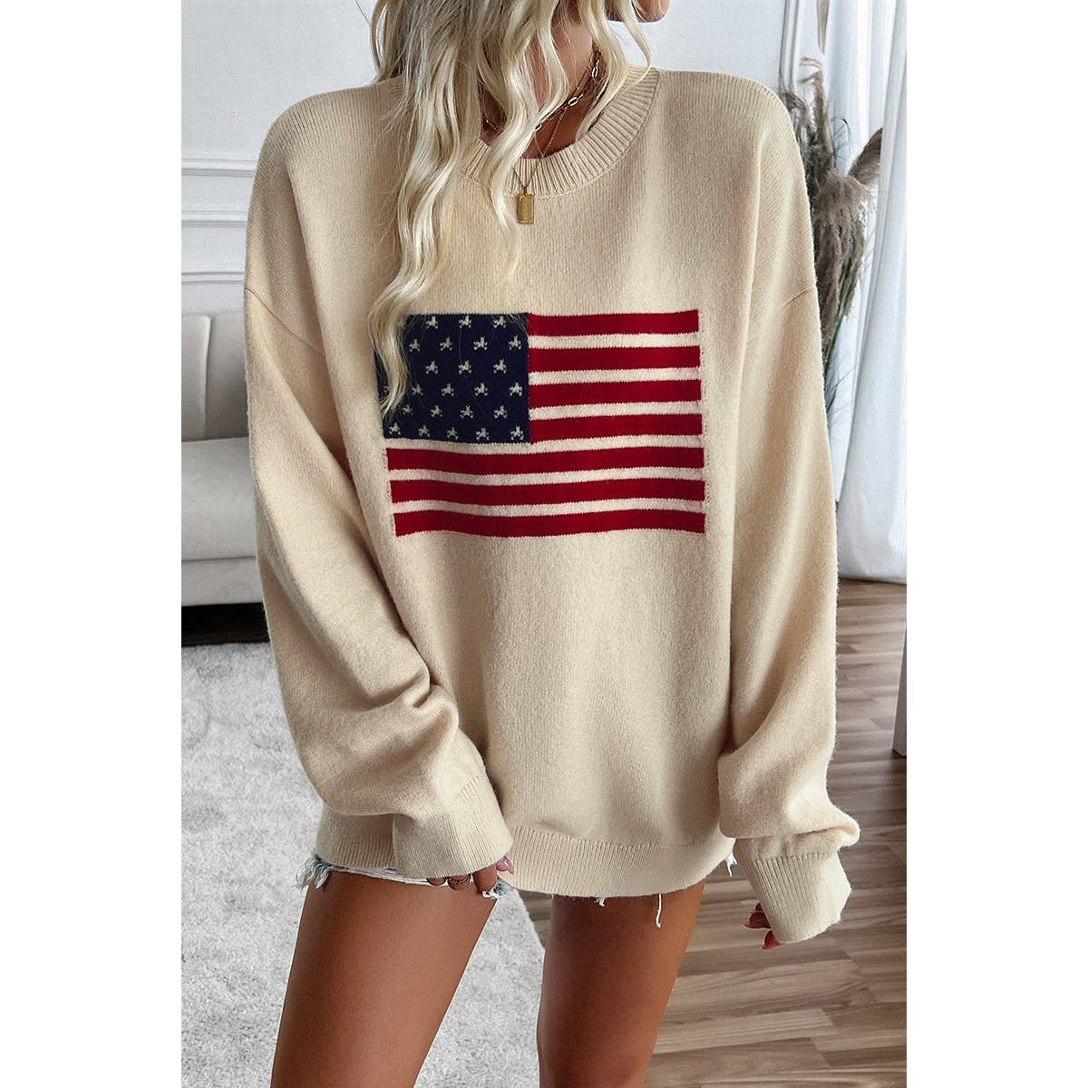BEIGE S - Knit Round Neck Flag Print Loose Fit Sweater