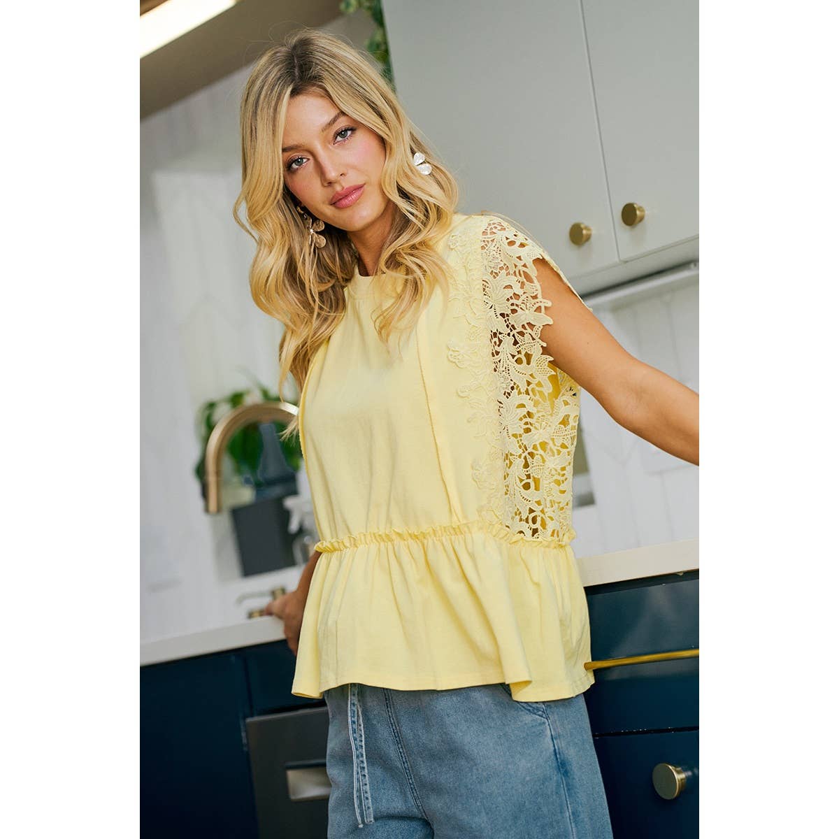 SOLID JERSEY TIERED TOP WITH LACE SLEEVE