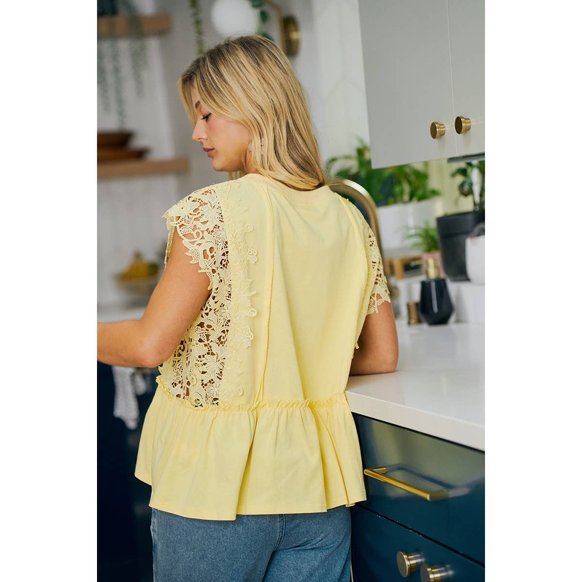 SOLID JERSEY TIERED TOP WITH LACE SLEEVE