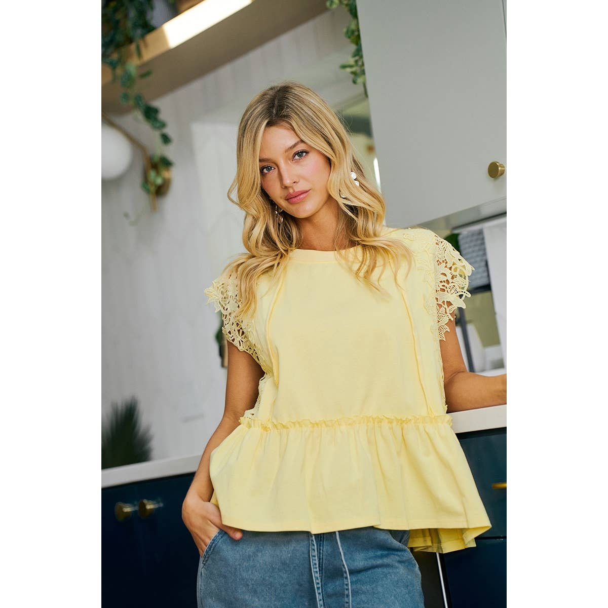 SOLID JERSEY TIERED TOP WITH LACE SLEEVE
