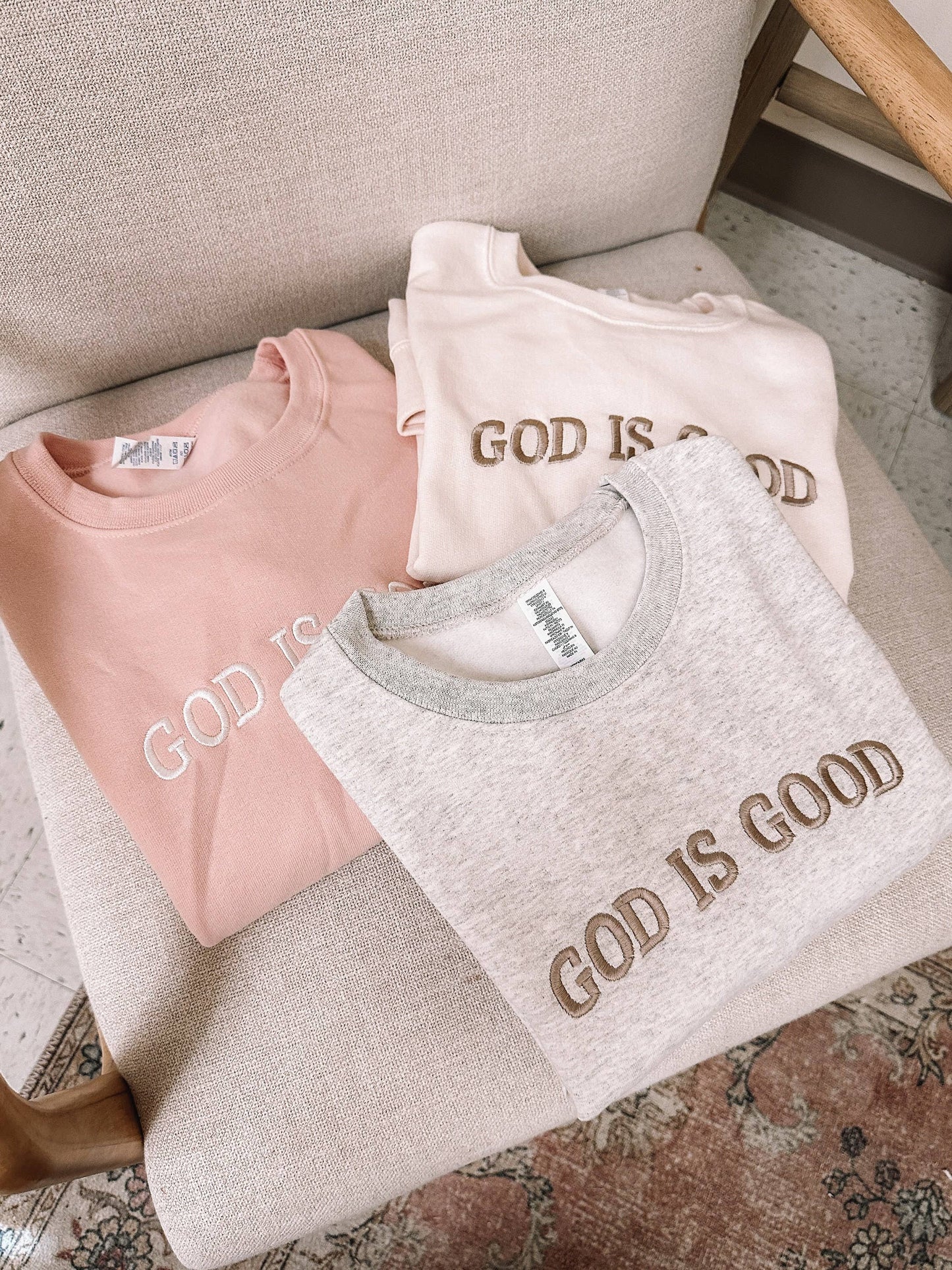 Embroidered GOD IS GOOD Sweatshirt: Dusty Pink / XLarge