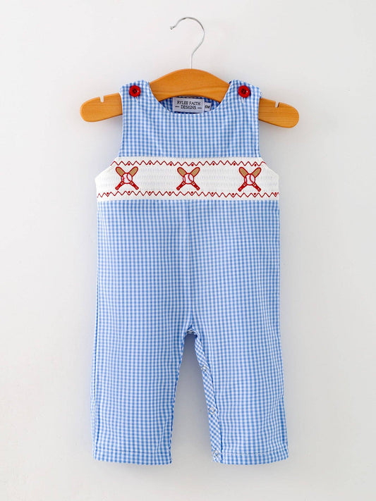 18M Baby Boy Baseball Smocked Romper – Blue Plaid Summer Outfit