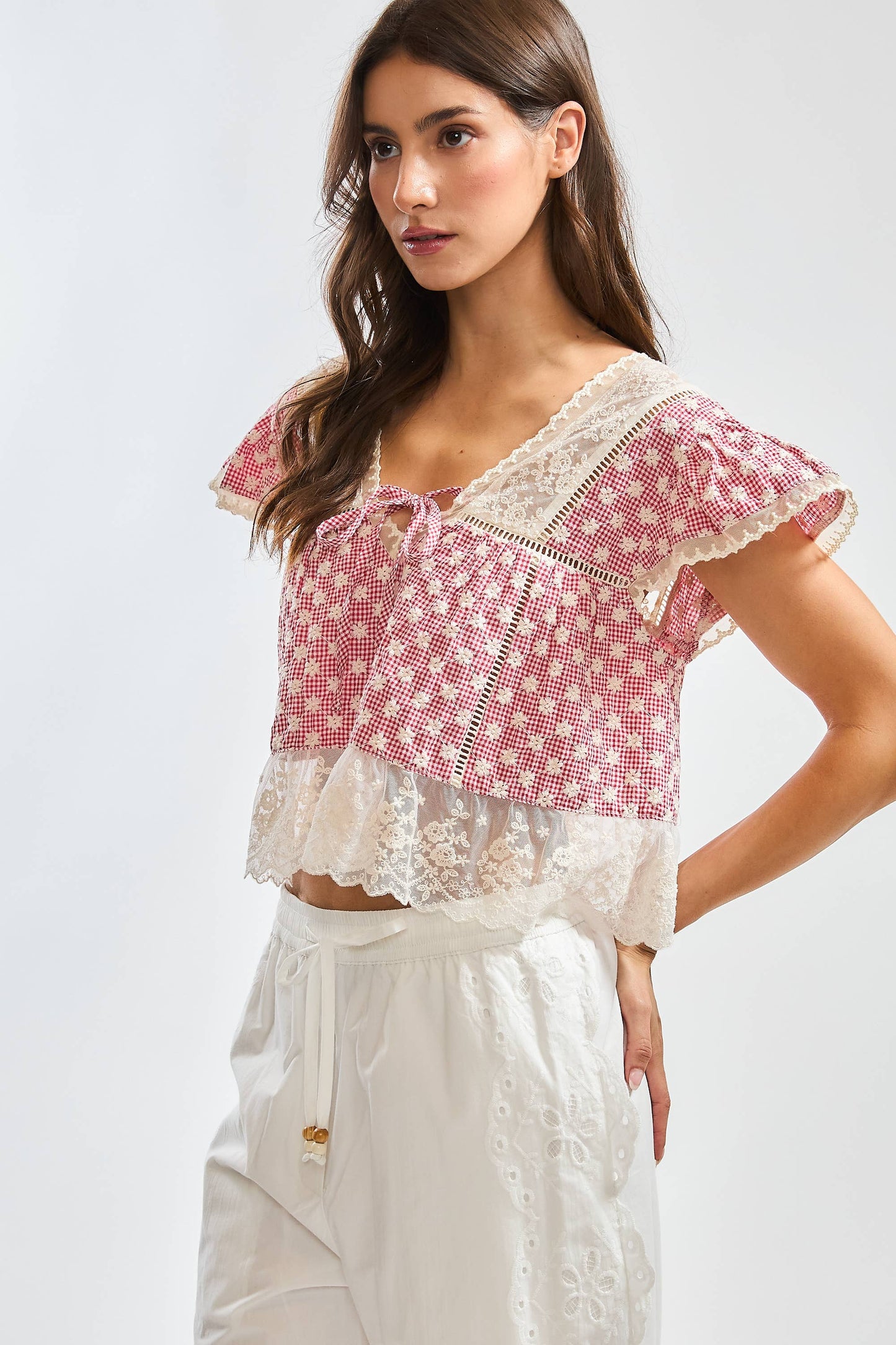 LACE-TRIMMED BLOUSE: SAND