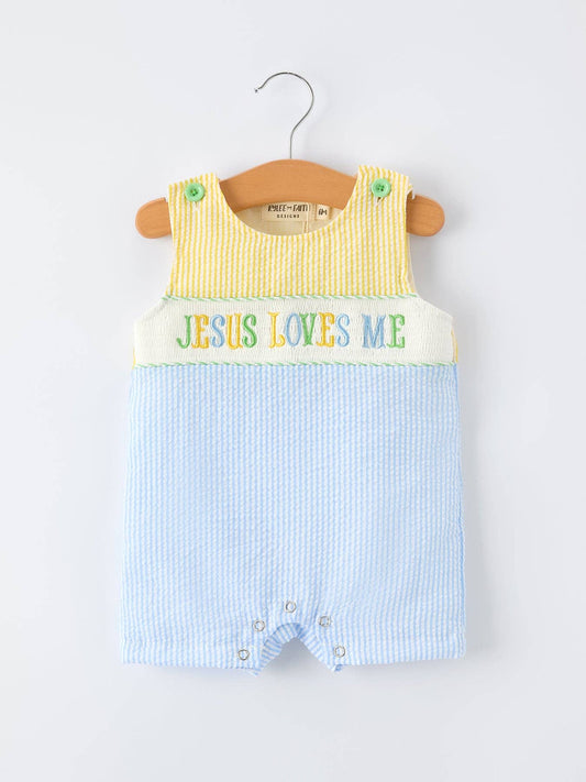 "Jesus Loves Me "Embroidered Baby Boy Romper: 3M