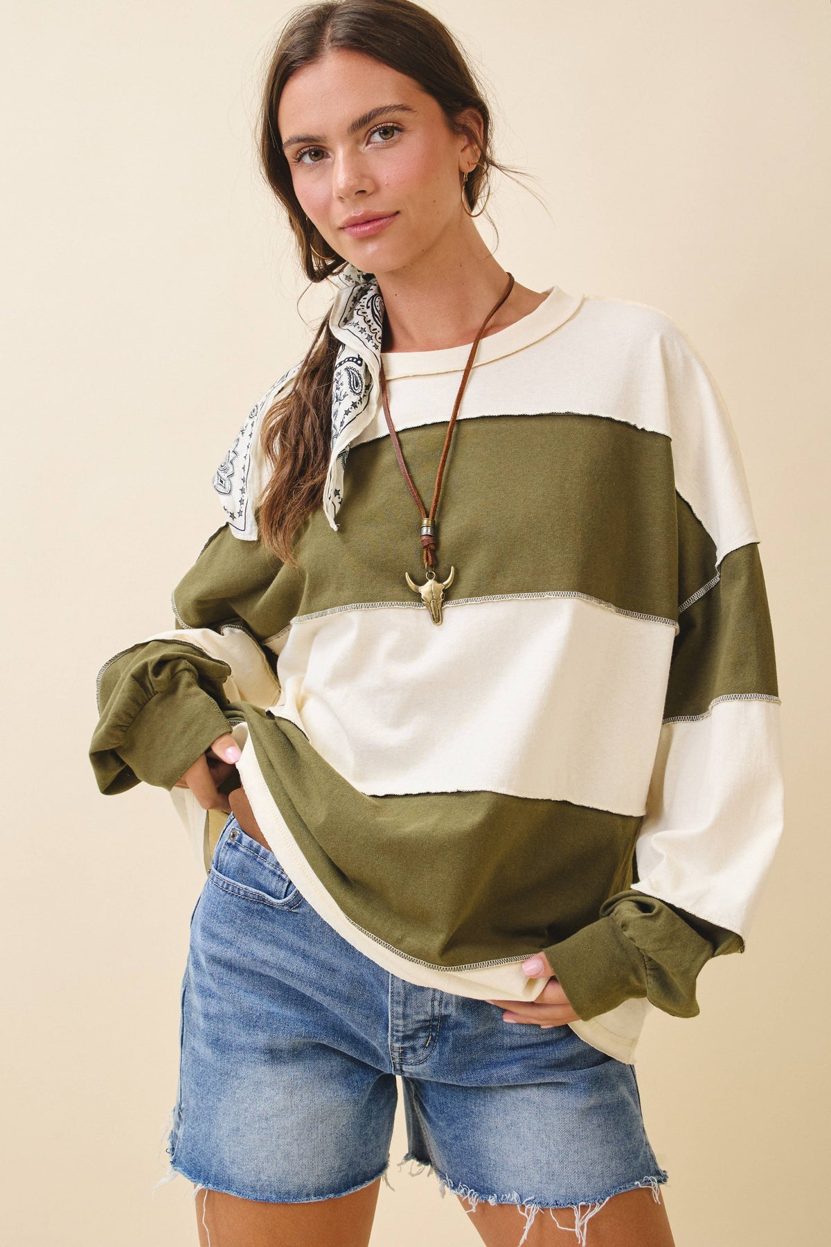 Oversized Color Block Long Sleeve Pullover