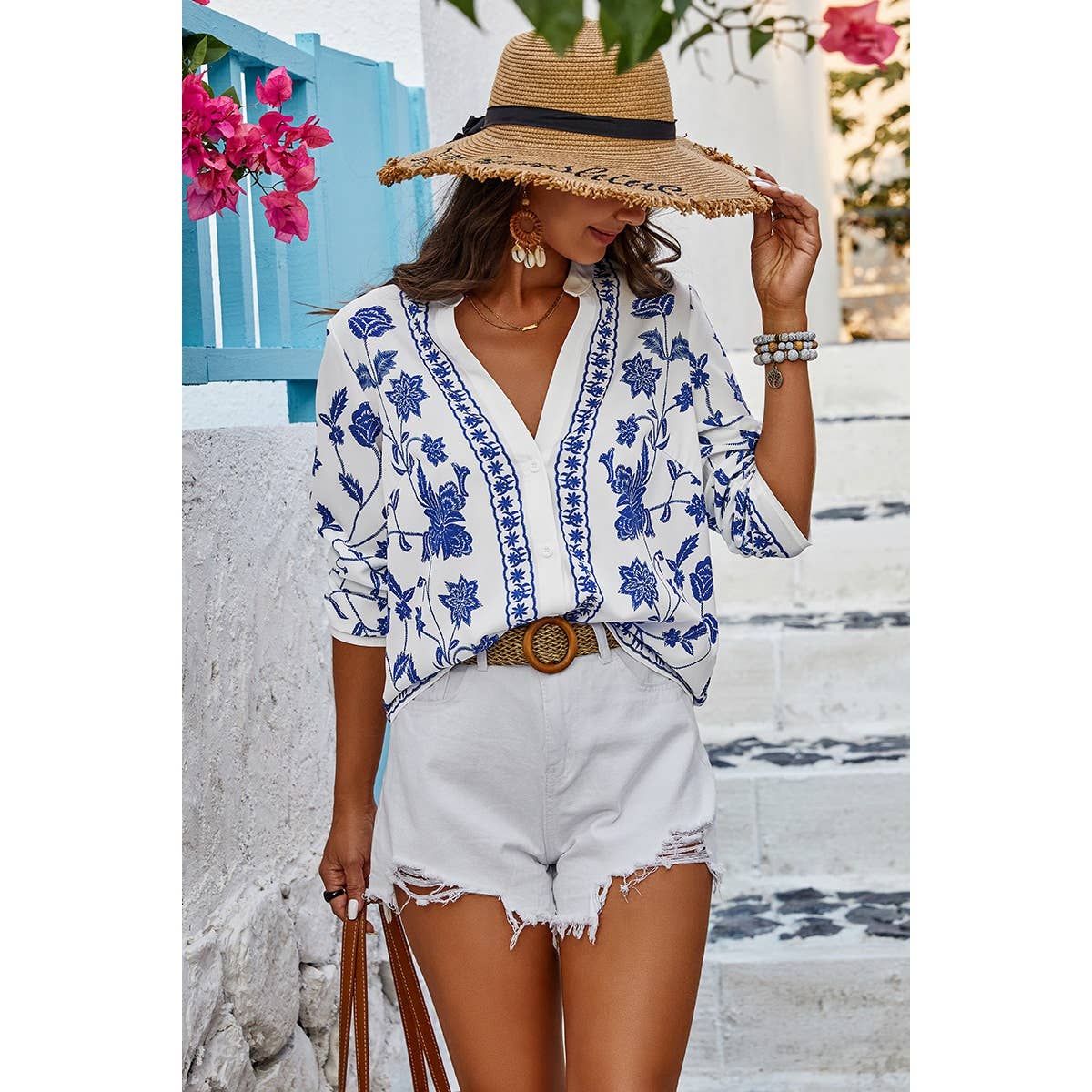 Floral Print Notched Collar V Neck Shirt: WHITE / XL