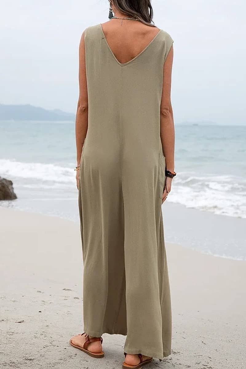 (S) CWSJS1433_SOLID COLOR LOOSE POCKET SLEEVELESS JUMPSUIT: BLACK / (S) 1