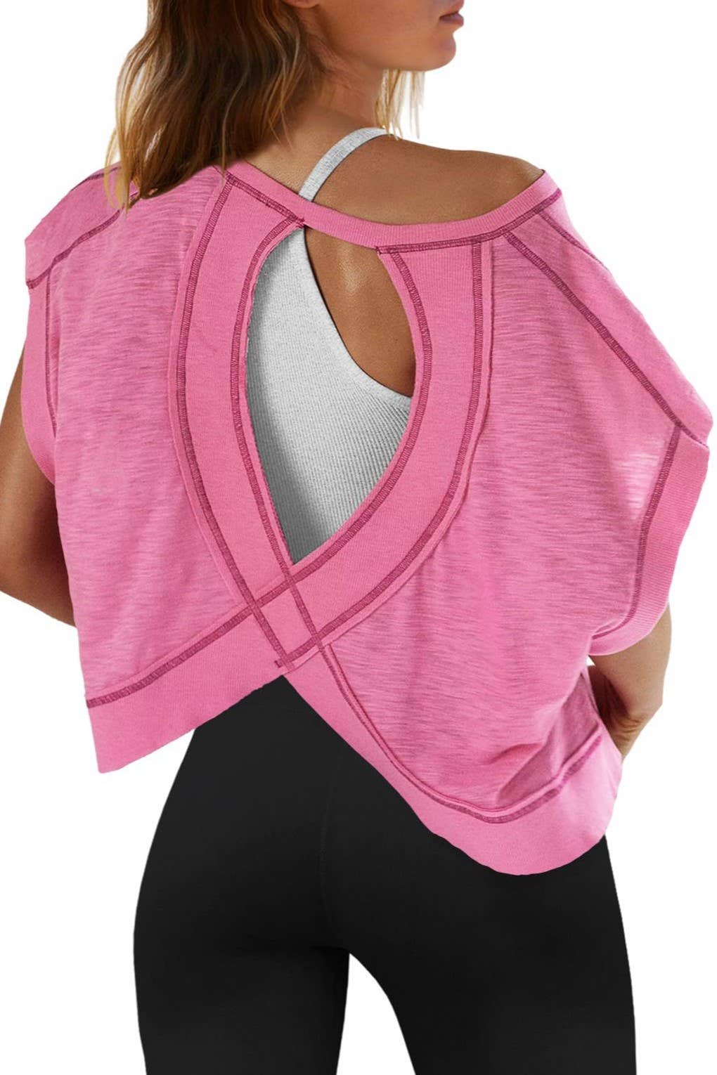 White / XL - Slouchy wrapped cutout back short sleeve workout tee top