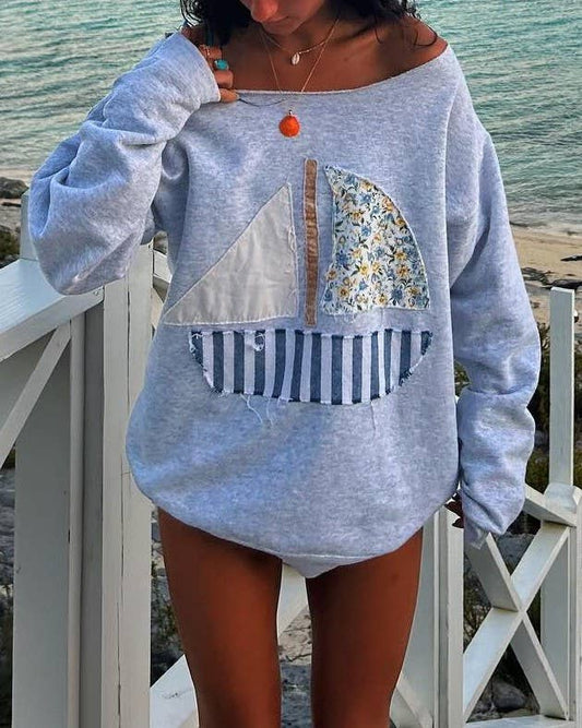 Long Sleeve Top with Sailboat Applique: Gray / S