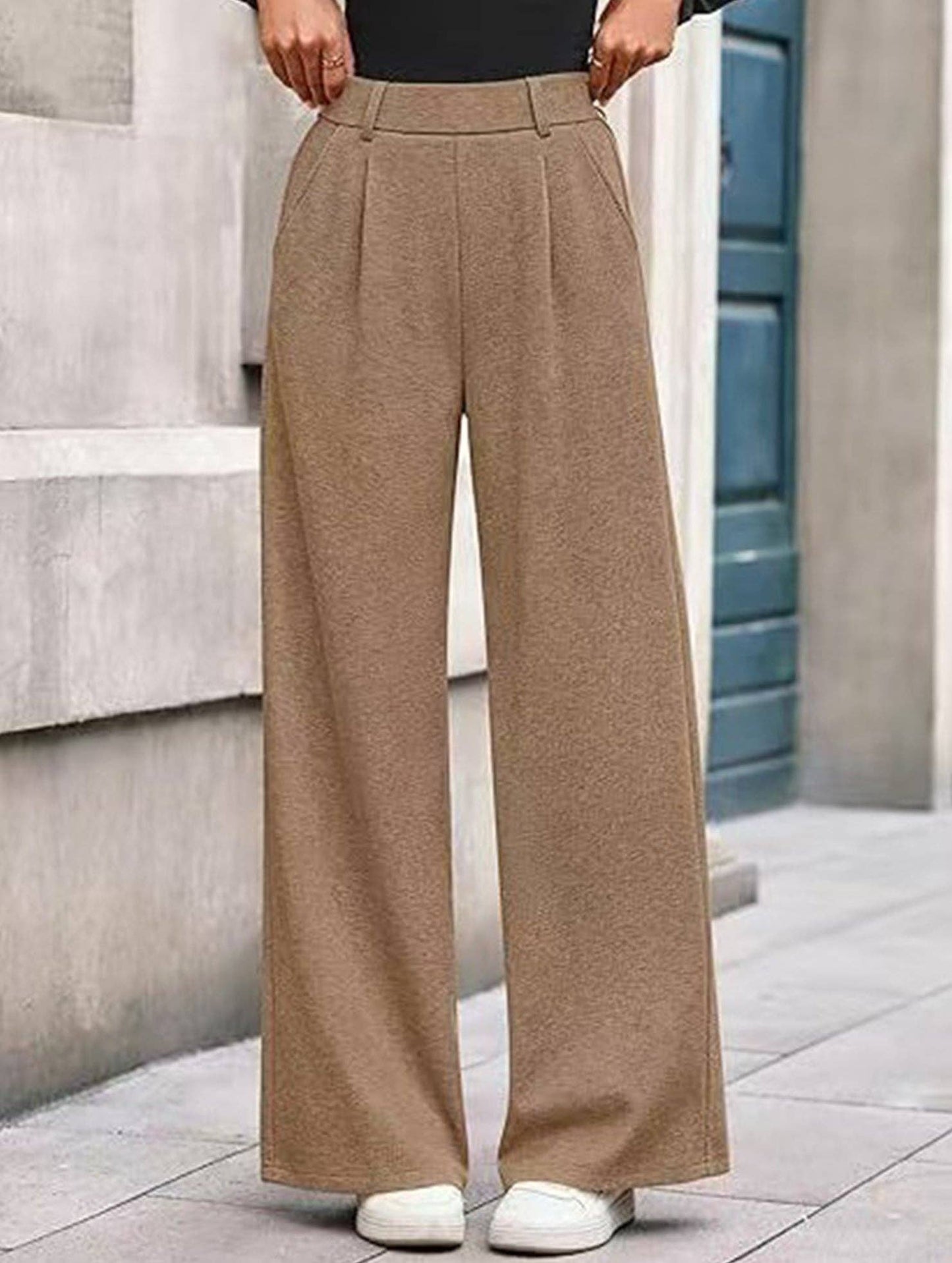(M) Versatile solid color straight wide-leg pants: Black / (M) 1