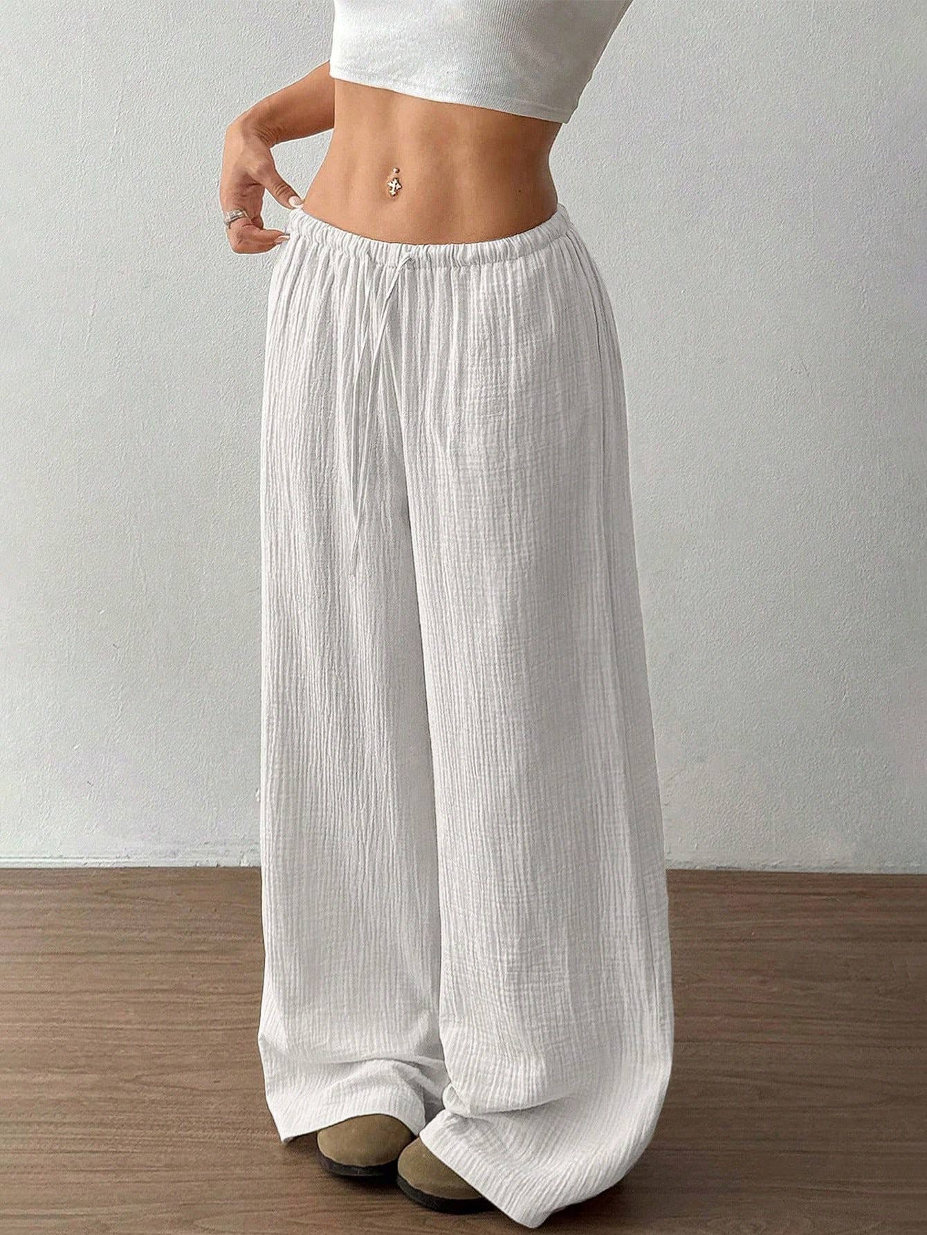 (XL) Pure cotton pure color easy wide-legged pants: WHITE / (XL) 1
