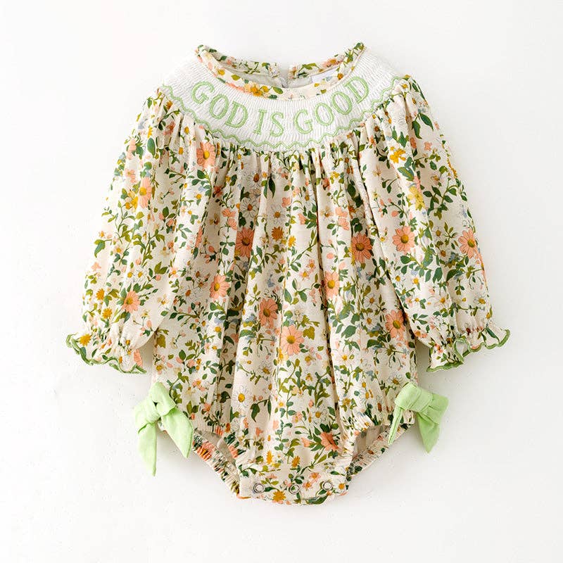 Baby Girls Fall "GOD IS GOOD" Smocked Embroidery Floral Romper: 6-12M