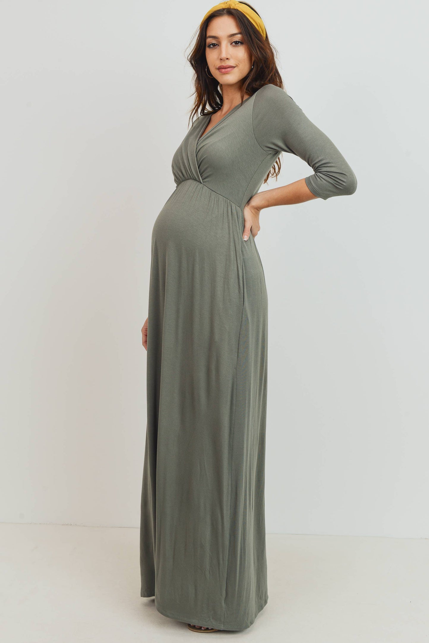 Blush / L: Surplice Quarter Sleeve Nursing Maxi Dress