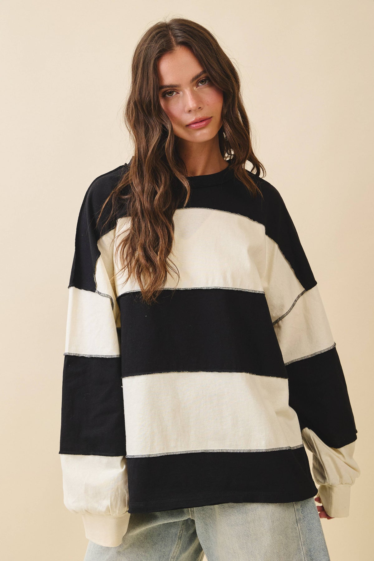Oversized Color Block Long Sleeve Pullover