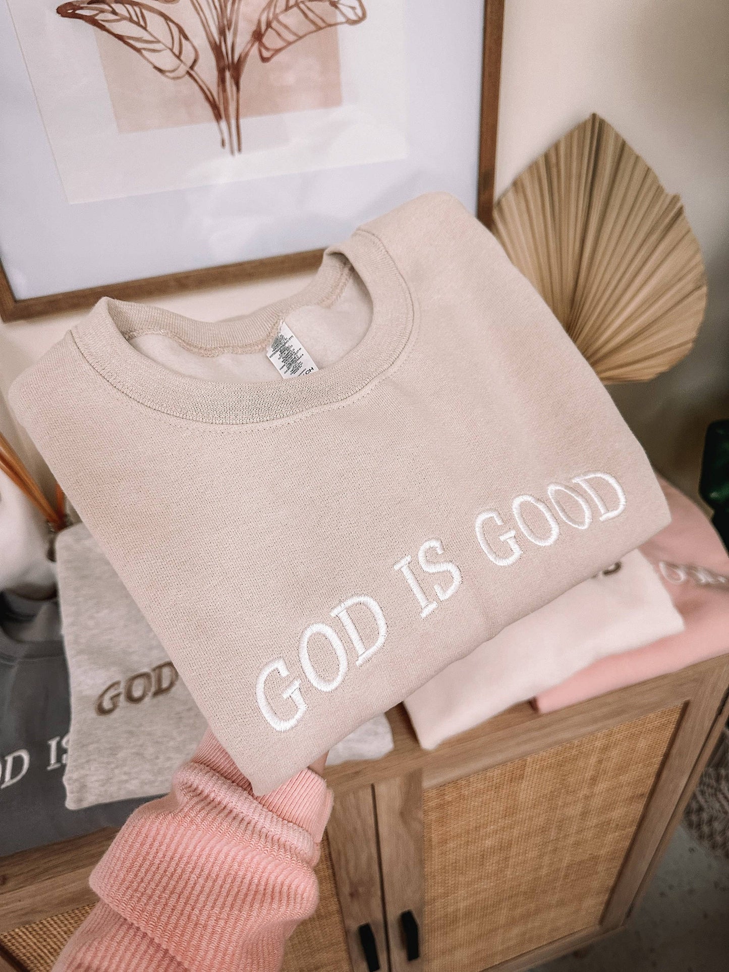 Embroidered GOD IS GOOD Sweatshirt: Dusty Pink / Small