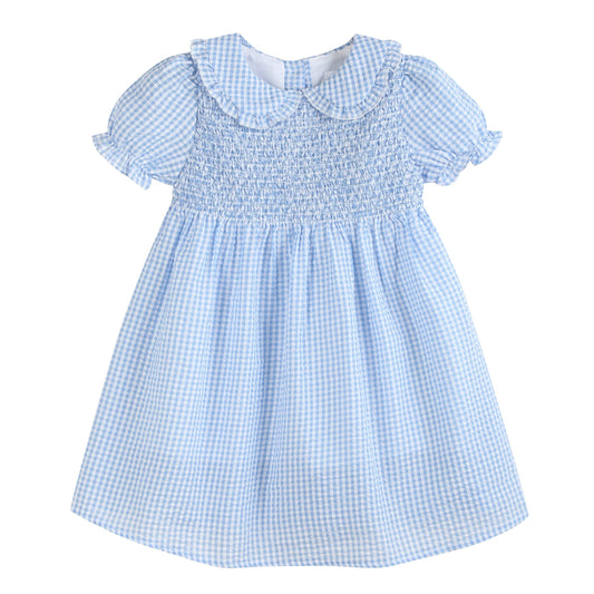 Light Blue Gingham Smocked Dress: 12-18M