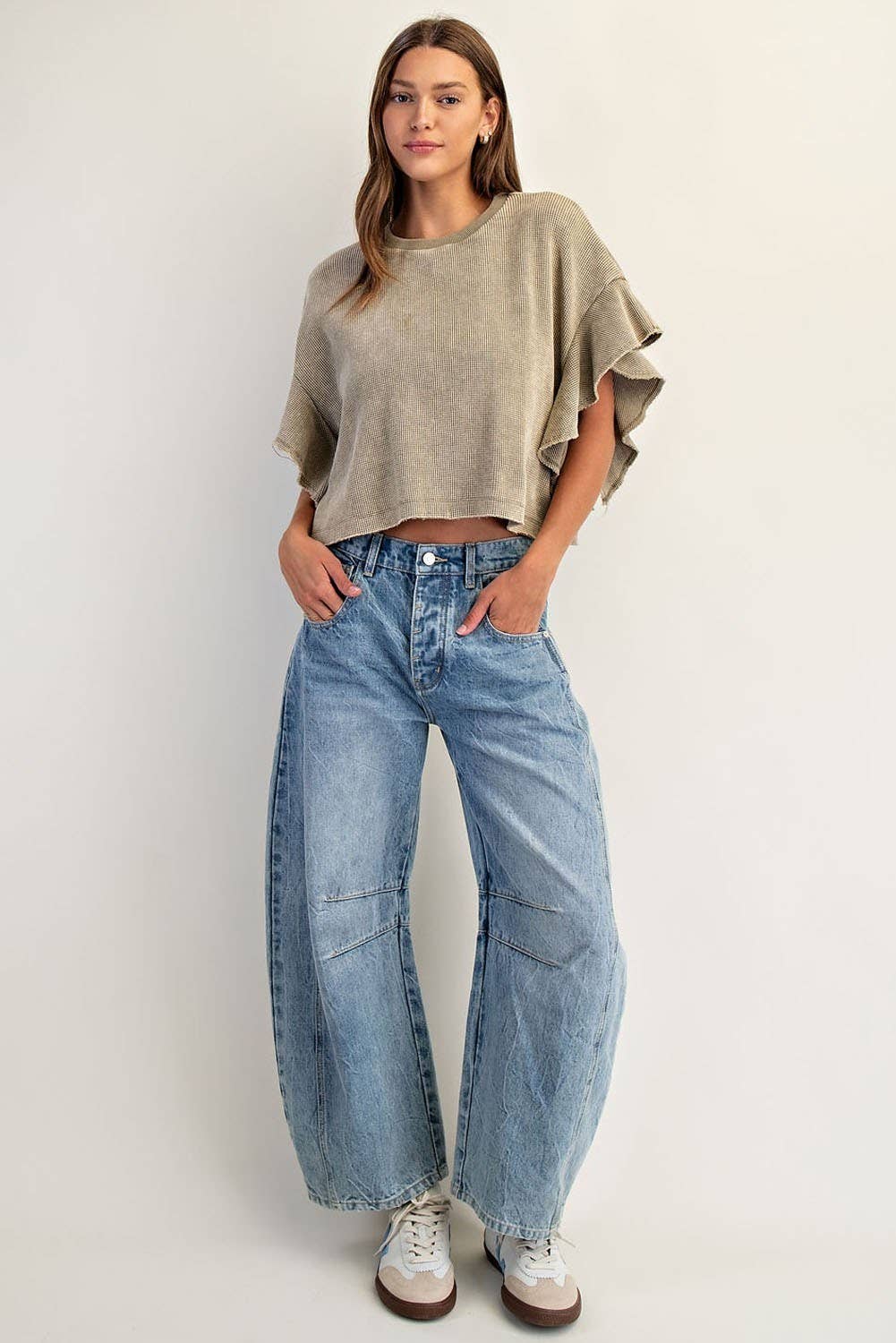 PL8297 - WAFFLE KNIT TIERED FLUTTER SLEEVE CROP TOP