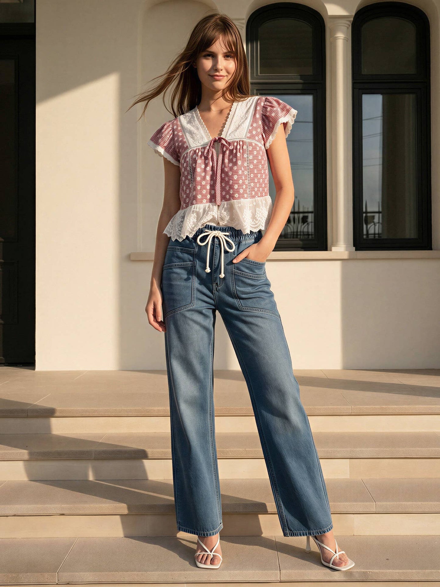 LACE-TRIMMED BLOUSE: RED