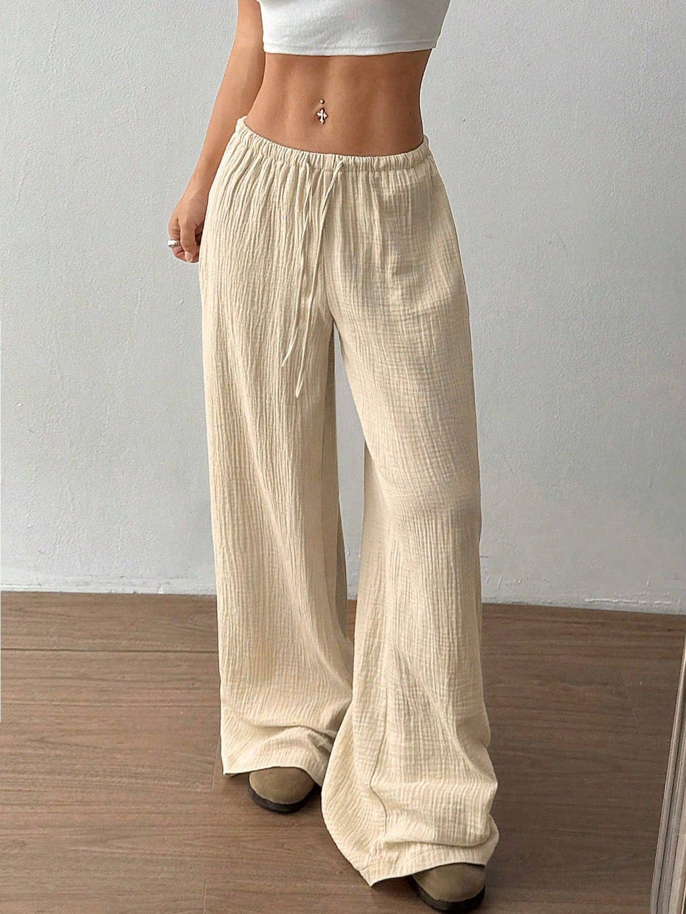 (XL) Pure cotton pure color easy wide-legged pants: WHITE / (XL) 1