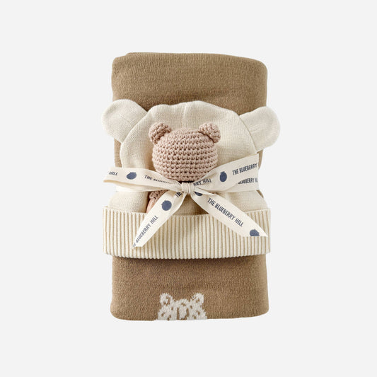 Set Honey Bear Blanket Hat and Teether Baby Gift Summer: Brown Bear