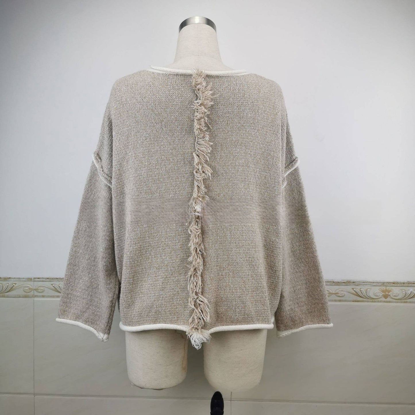 L / CWOSWL1043_Casual Crew Neck Pullover Long Sleeve Sweater: KHAKI /