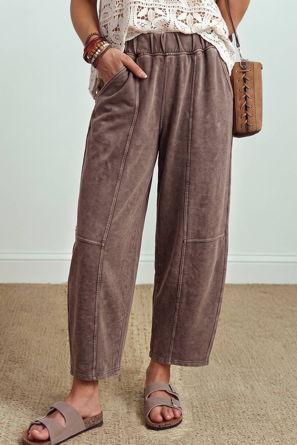 Mineral Wash Seam Detail Elastic Waist Barrel Pants