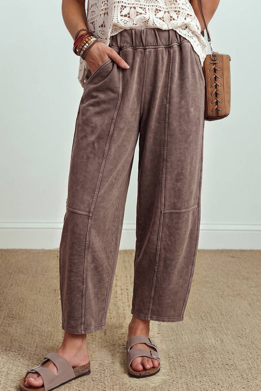 Mineral Wash Seam Detail Elastic Waist Barrel Pants
