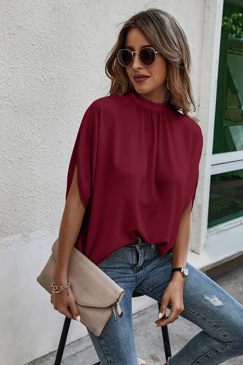 Solid Cape Short Sleeve Loose Top: NAVY / L