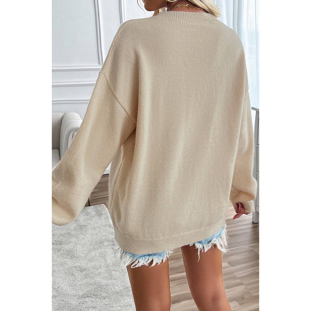BEIGE L - Knit Round Neck Flag Print Loose Fit Sweater
