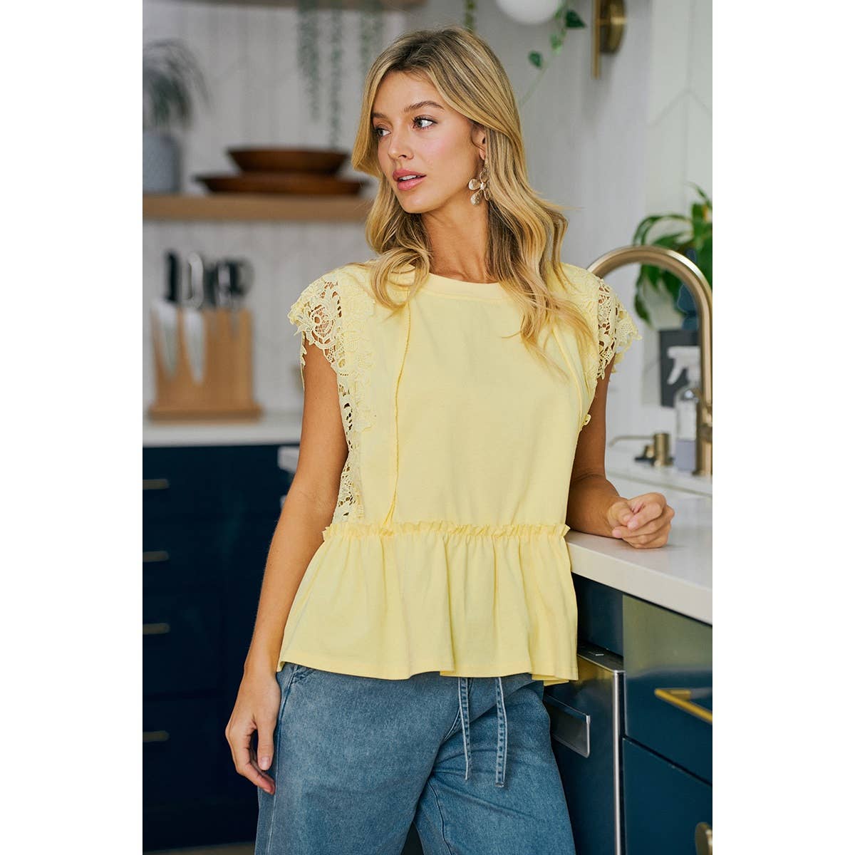 SOLID JERSEY TIERED TOP WITH LACE SLEEVE
