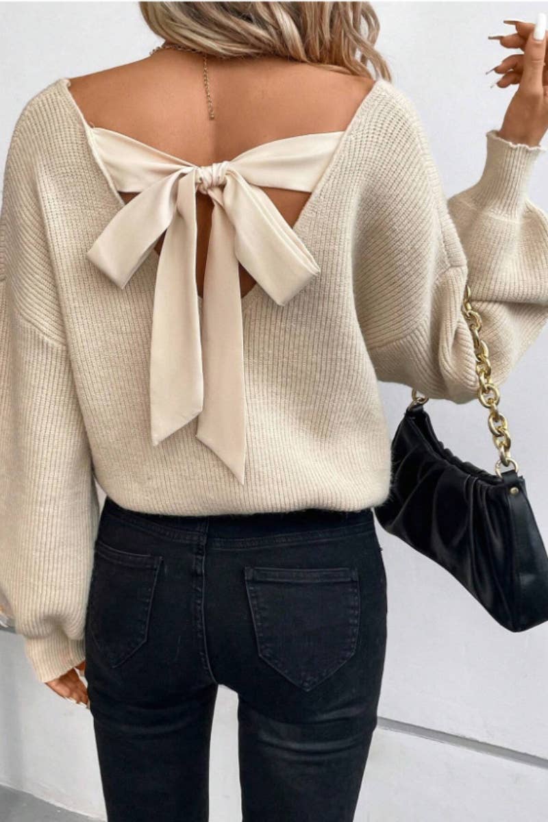 CWOSWL5207_SEXY V-NECK BACK LACE-UP LONG-SLEEVED SWEATER: LIGHTCAMEL / (S) 1